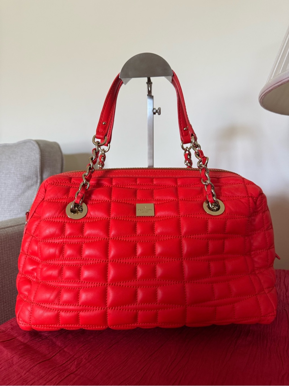 kate spade Red Quilted story book lining Shoulder Bag with Gold Hardware